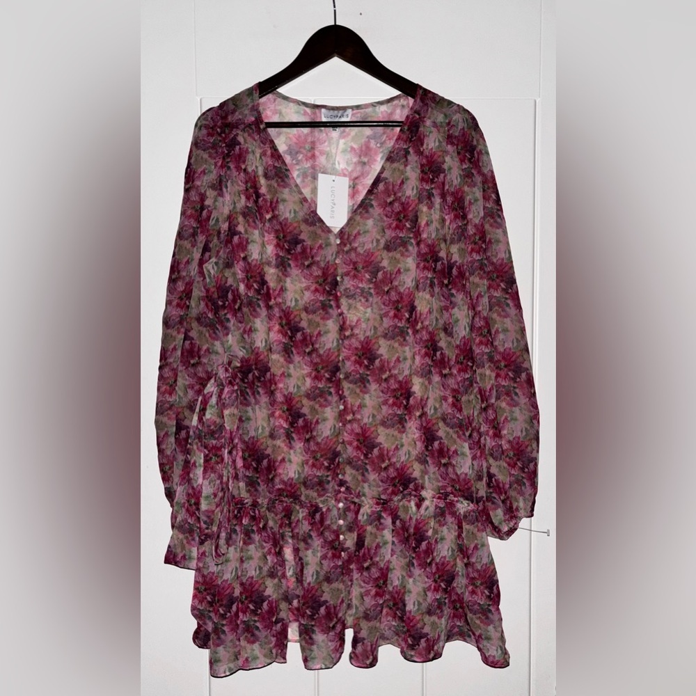 Lucy Paris Hyacinth Floral Tiered Mini‎ Dress L NEW Boho Ruffle Sheer Feminine